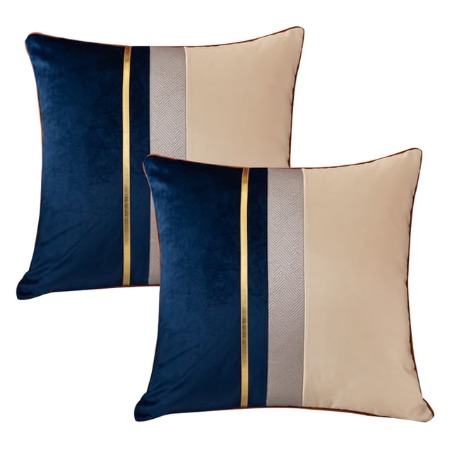 Funda de almohada de retales azul marino con funda de cojín de rayas doradas, funda de almohada de lujo moderna