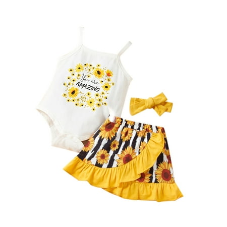 

elfinBE Newborn Baby Girl Infant Toddler Printed Sleeveless Crew Neck Romper With Ruffle Skirt 2PCs Outfits Set 0-12M