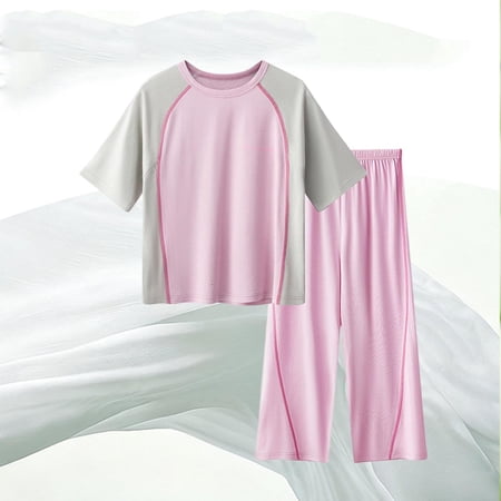 ITSAME Boys Girls Outfits 2-Piece Crewneck T-Shirts and Wide Leg Pants Cotton Summer Home Clothes Set Pink Size 6