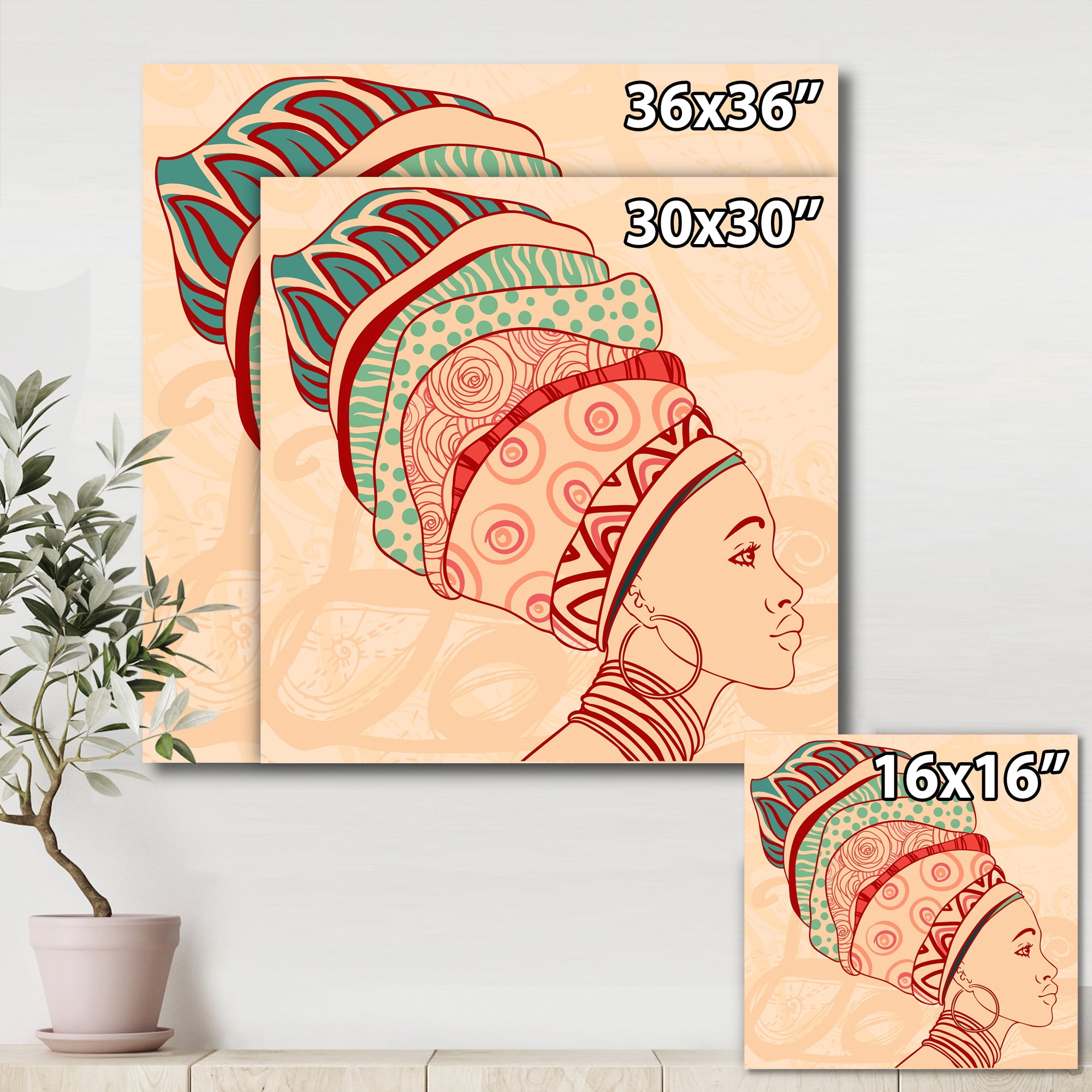 African American Woman Portrait with Turban II 36 in x 36 in Painting Canvas Art Print, by Designart