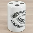 thumbnail image 1 of Feather Ceramic Toothbrush Holder, Black Feathers with Prehistoric Tribal Geometrical Motifs Arranged in a Circle, Decorative Versatile Countertop for Bathroom, 4.5" X 2.7", White and Black, 1 of 4