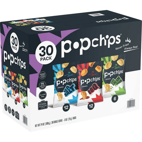Popchips Potato Chips, Variety Pack, 0.8 oz, 30 Count