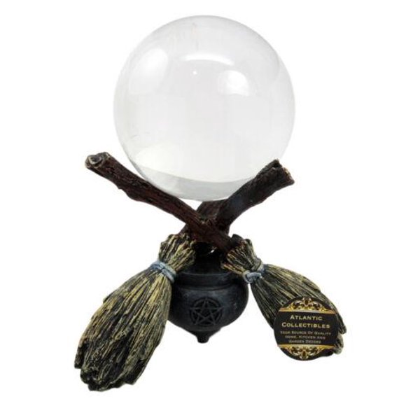 Ebros Scrying Witch Crystal Glass Gazing Ball On Broomsticks and Potion Cauldron Figurine 8" H Witchcraft Wicca Wiccan Witches Decor Halloween Sculpture Decorative