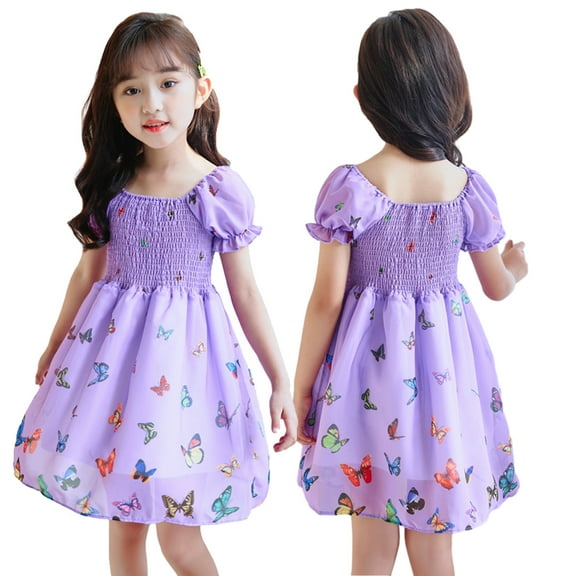 KYAIGUO Toddler Kids Girls Casual Dress Summer Fashion Printed Dresses Baby Girls Three Colours Bubble Sleeve Sundress for 1-7Years