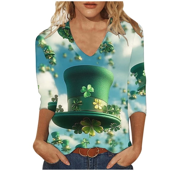 GA WEIHUA Womens Tops Leprechaun Hat Print Shirts St. Patrick Day Green Shamrock Tee Shirt 3/4 Sleeve V Neck Tops Funny Saint Patricks Day Tunics(Green,XXXXL)Clearance Deals