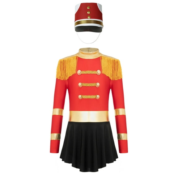 Aislor Girls Ringmaster Costume Majorette Outfits Long Sleeve Tassels Sequins Leotard Dress with Hat Red B 8