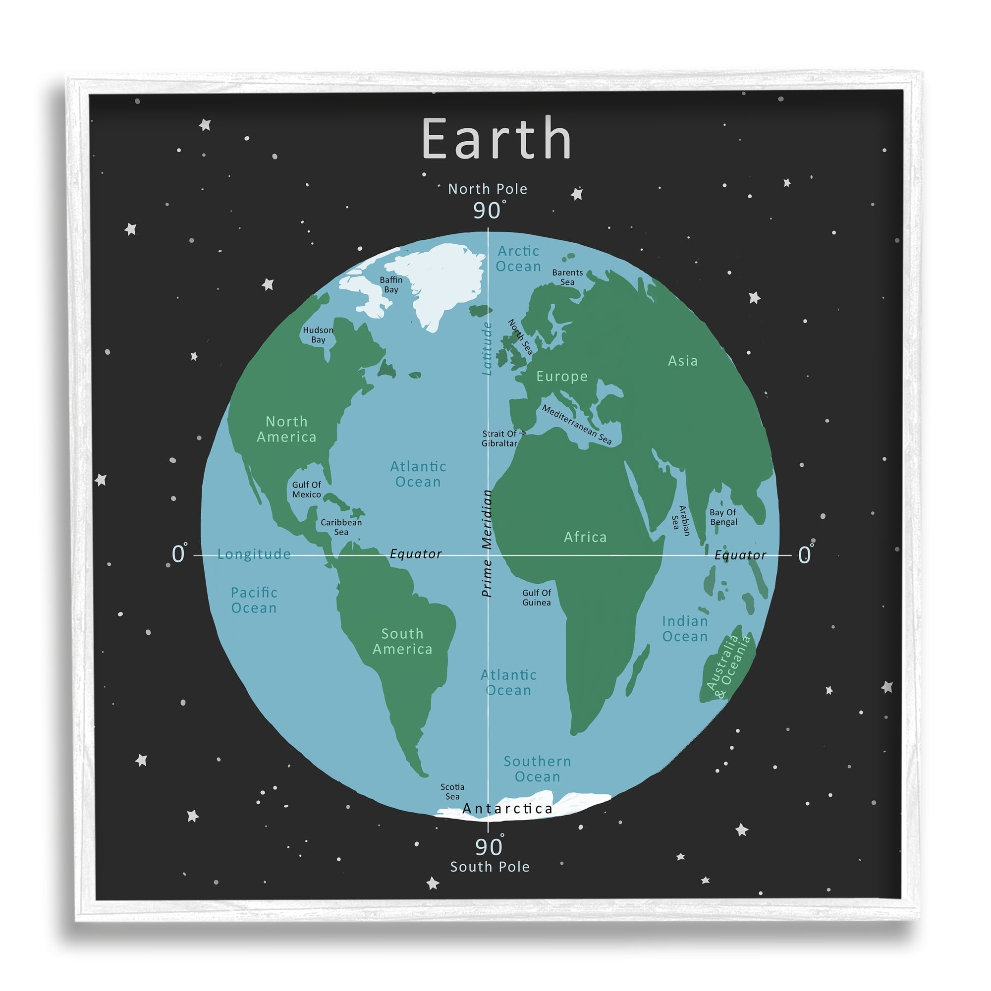 Stupell Industries Earth Equator Prime Meridian Map Diagram Globe Framed Wall Art, 24 x 24, Design by Carla Daly