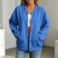 thumbnail image 3 of Bomber Jacket for Women Casual Snap Button Sweatshirt Long Sleeve Plain Jackets Women's Fall Winter Outfits (Blue S), 3 of 4
