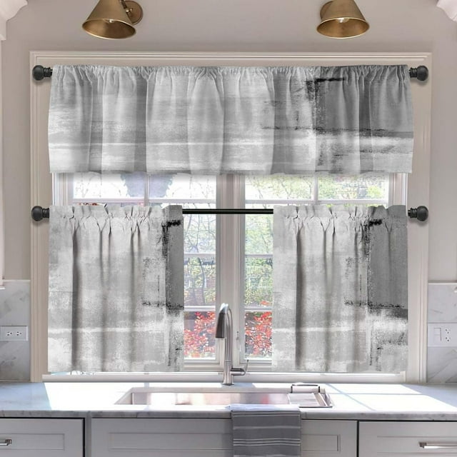 Grey Abstract Blackout Kitchen Curtains Tiers and Valances Set 3 Piece for Windows Modern Art Kitchen Window Curtains Set,Contemporary Trendy Valances for Living Room(36" Tiers Set)