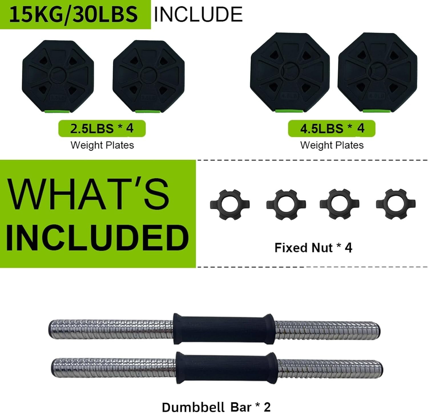 Litake Adjustable Dumbbell Set with Iron Handle, 30lbs Weight Set, Green and Black, Octagon Head