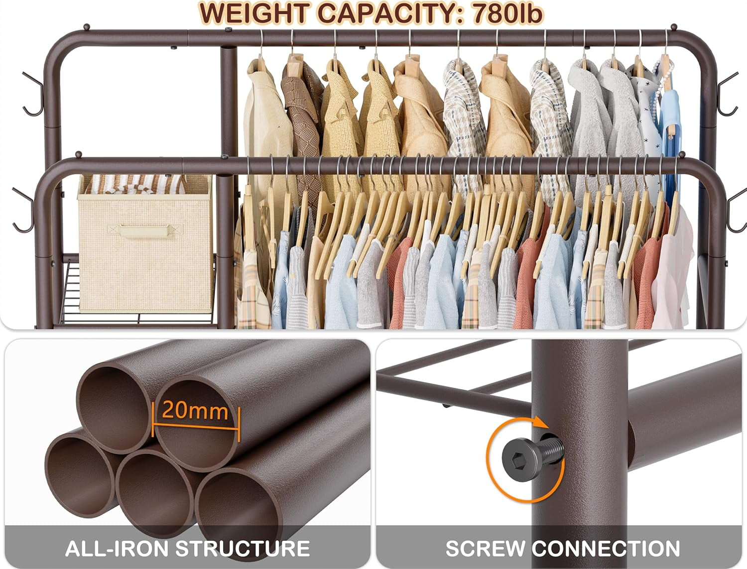 Double Rods Clothes Rack Clothing Rack with  Storage Shelves Clothes Rack for Hanging Clothes Multifunctional Heavy Duty Clothes Organizer with Hooks for Bedroom,Wardrobe Closet,Shop