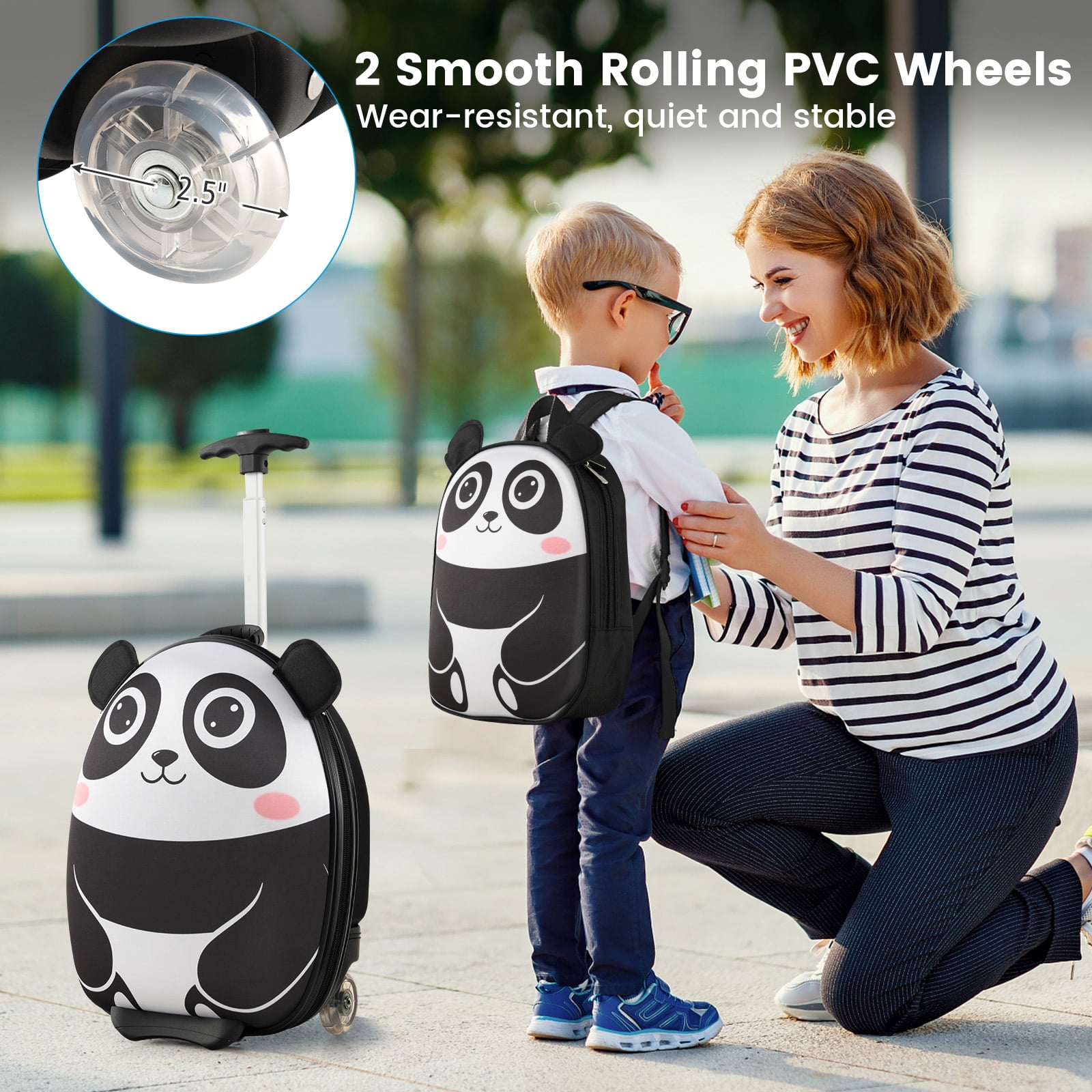 Infans 2PCS Kids Carry On Luggage Set 16" Panda Rolling Suitcase w/ 12" Backpack Travel