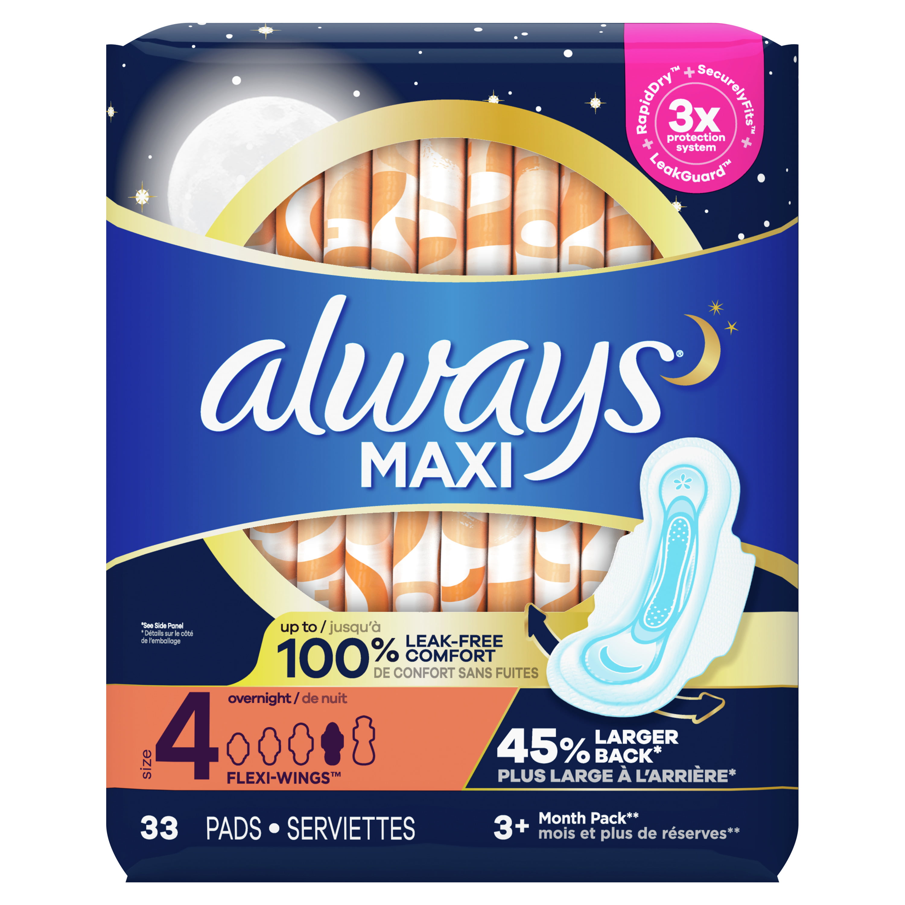 Always Maxi Overnight Pads with Wings Unscented, Size 4, 33 Count ...