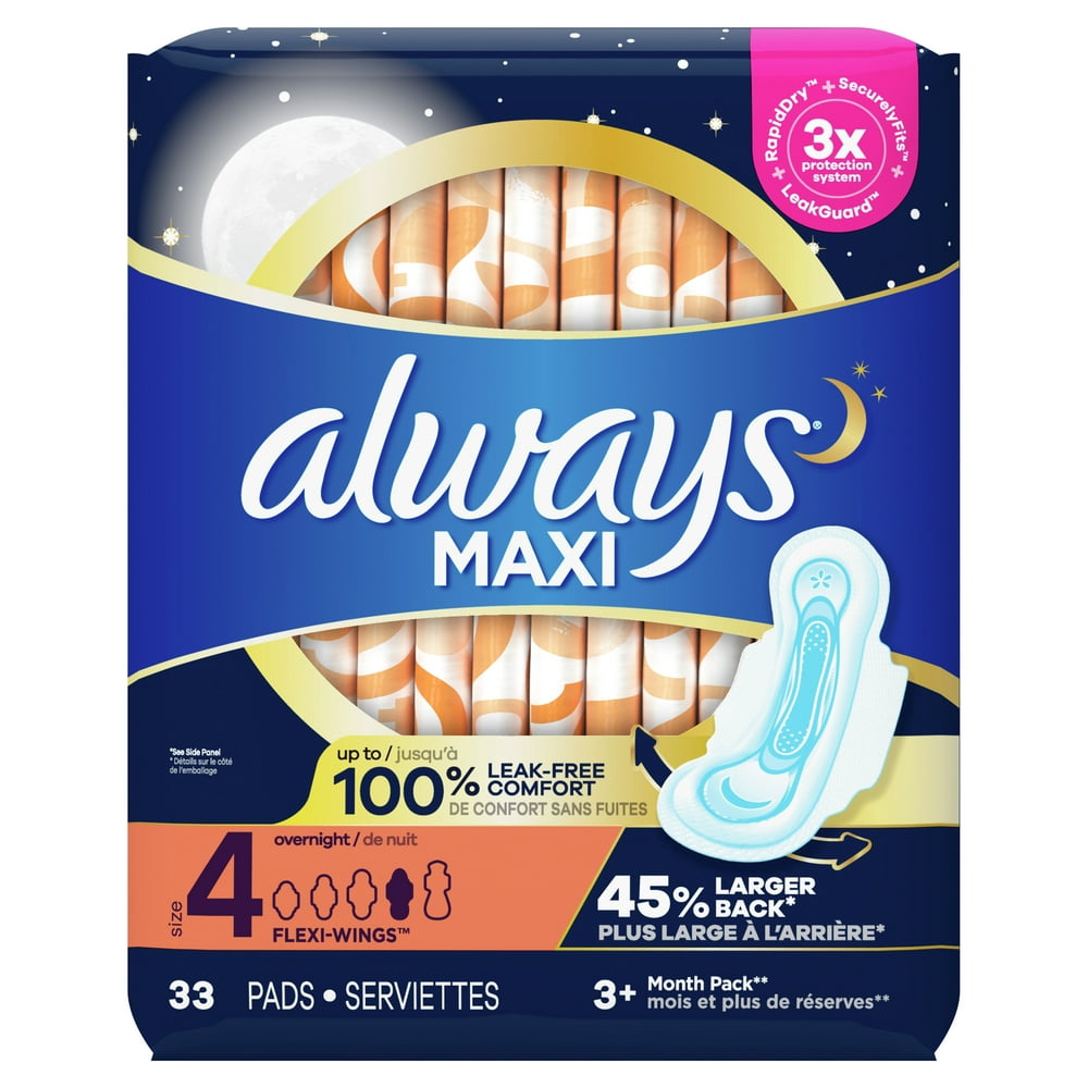 Always Maxi Overnight Pads with Wings Unscented, Size 4, 33 Count