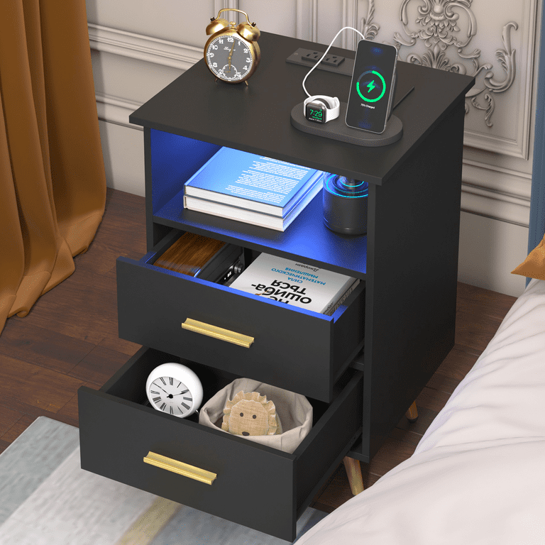 UHOMEPRO LED Nightstand with Charging, 2 Drawers Black photo 2