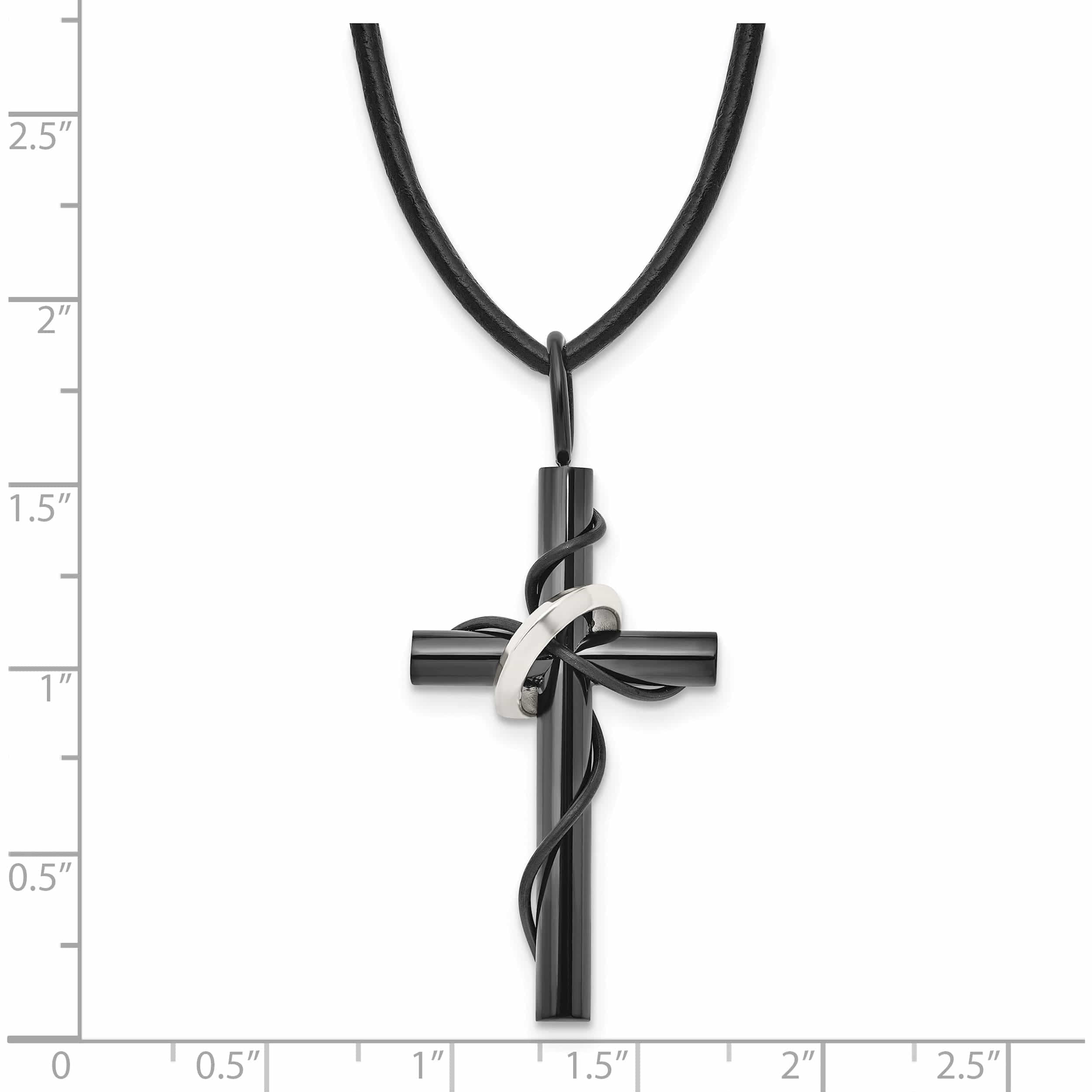 Stainless Steel Polished Black Ip-Plated Cross 20In Leather Cord Necklace Made In China -Jewelry By Sweet Pea