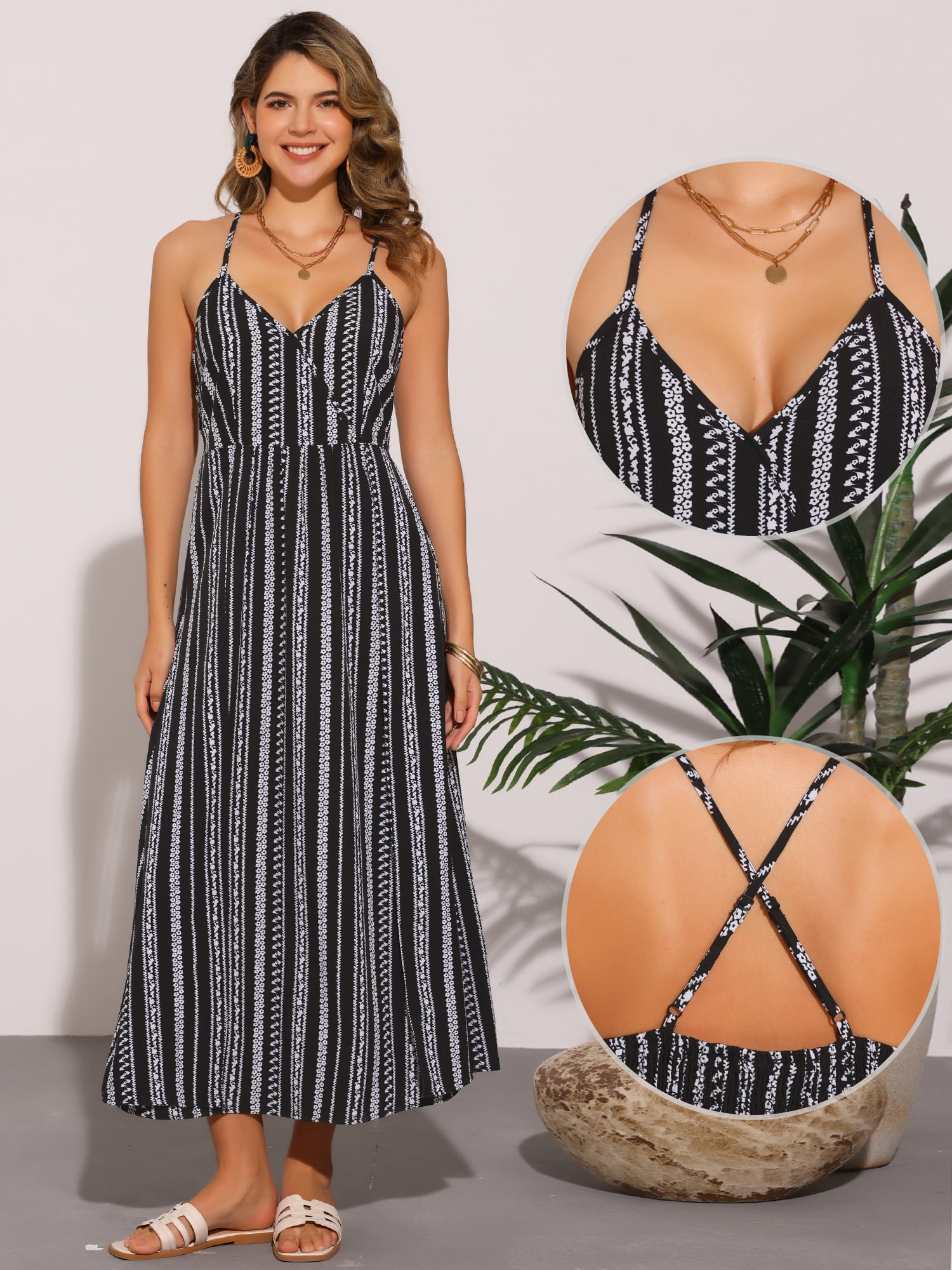 DARING DIVA Casual Spaghetti Strap Flowy Smocked Maxi Dress L Black