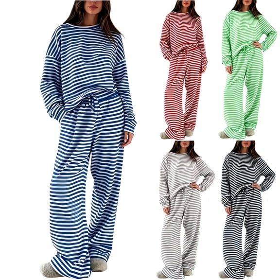 Women Oversized Striped Outfits Crew Neck Long Sleeve Pullover Tops Wide Leg Pants Set Loose Soft Loungewear Streetwear Outfit Blue M