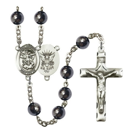 St Michael Rosary St. Michael / Navy Silver-Plated Rosary 8mm Hematite Beads Crucifix Size 1 3/4 x 1 medal charm ()
