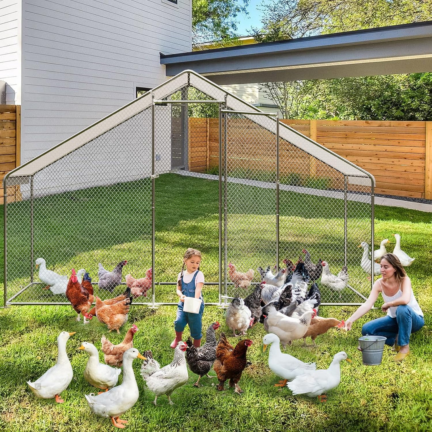 Rugerasy 9.8x6.5x6.5FT Large Metal Chicken Coop,Walk-in Poultry Cage with Run,Waterproof Anti-Ultraviolet Cover & Security Lock,Spire/Steep-Pitched Roof for 10 Chickens,Silver