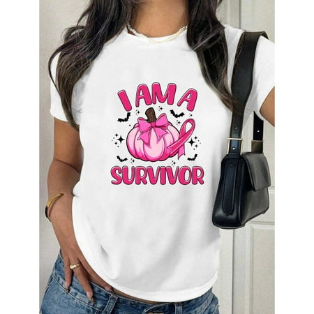Cotton Letter T Shirt I Am A Survivor Pumpkin Ribbon Awareness Graphic Tee Short Sleeve Round Neck White S-5XL