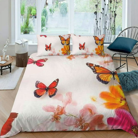 Pratyus Flowers Butterflies Romantic Valentine's Day 3-Piece Bedding Set, Breathable and Comfortable for Bedroom Home Decor, Queen Size 87x68in