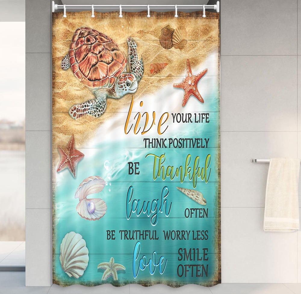 Beach Shower Curtain, Sea Turtle Shower Curtain Set with Hooks, Coastal Ocean Nautical Rustic Vintage Fabric Bathroom Curtains, 36X72 Inches
