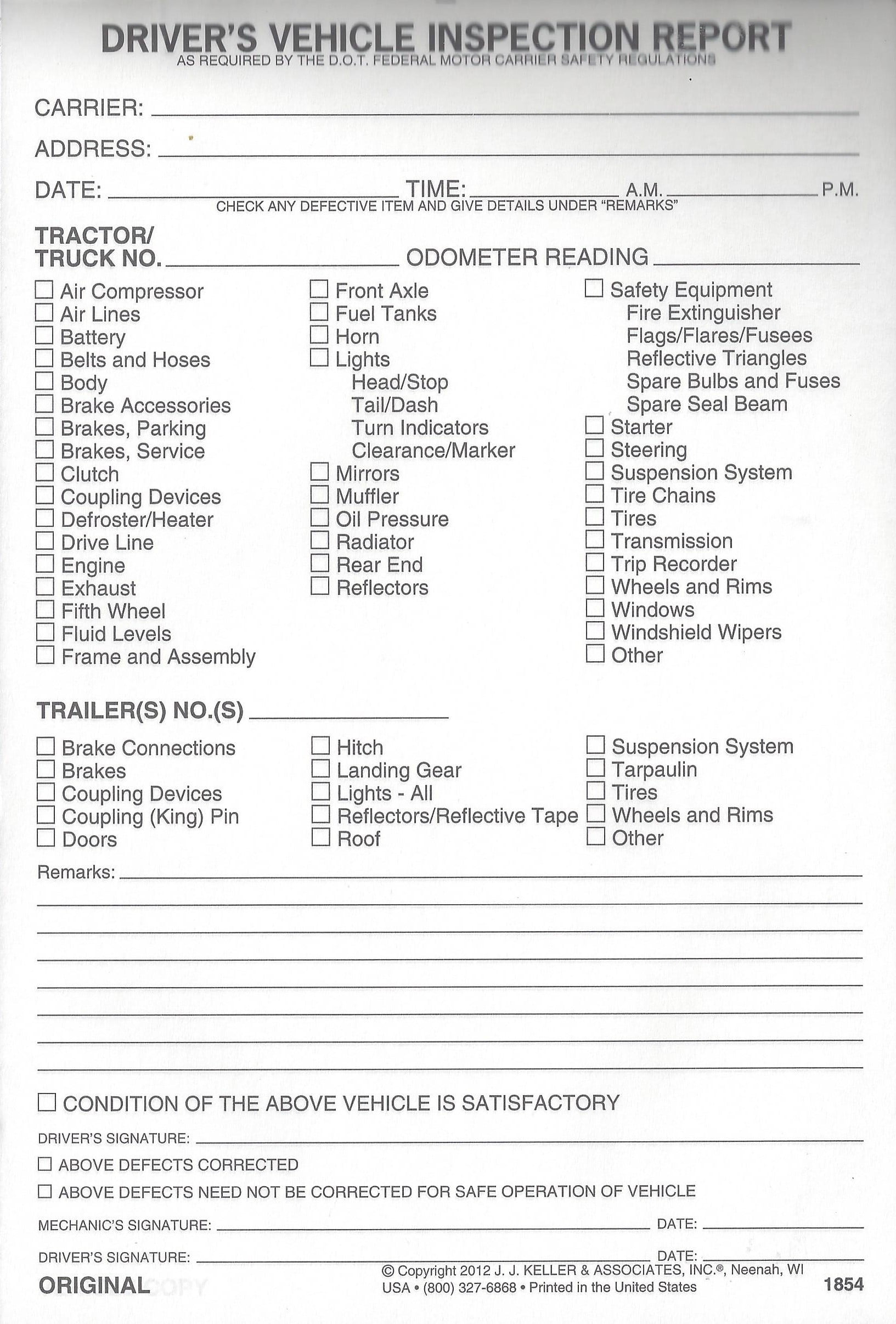 JJ Keller 115B Duplicate Detailed Drivers Vehicle Inspection Report DVIR 