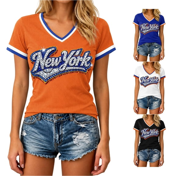HCYSFG Women's New York Rhinestone Top Ladies Athletic Active Basketball V Neck T Shirt Summer Short Sleeve Sporty Textured Performance Fan Tee