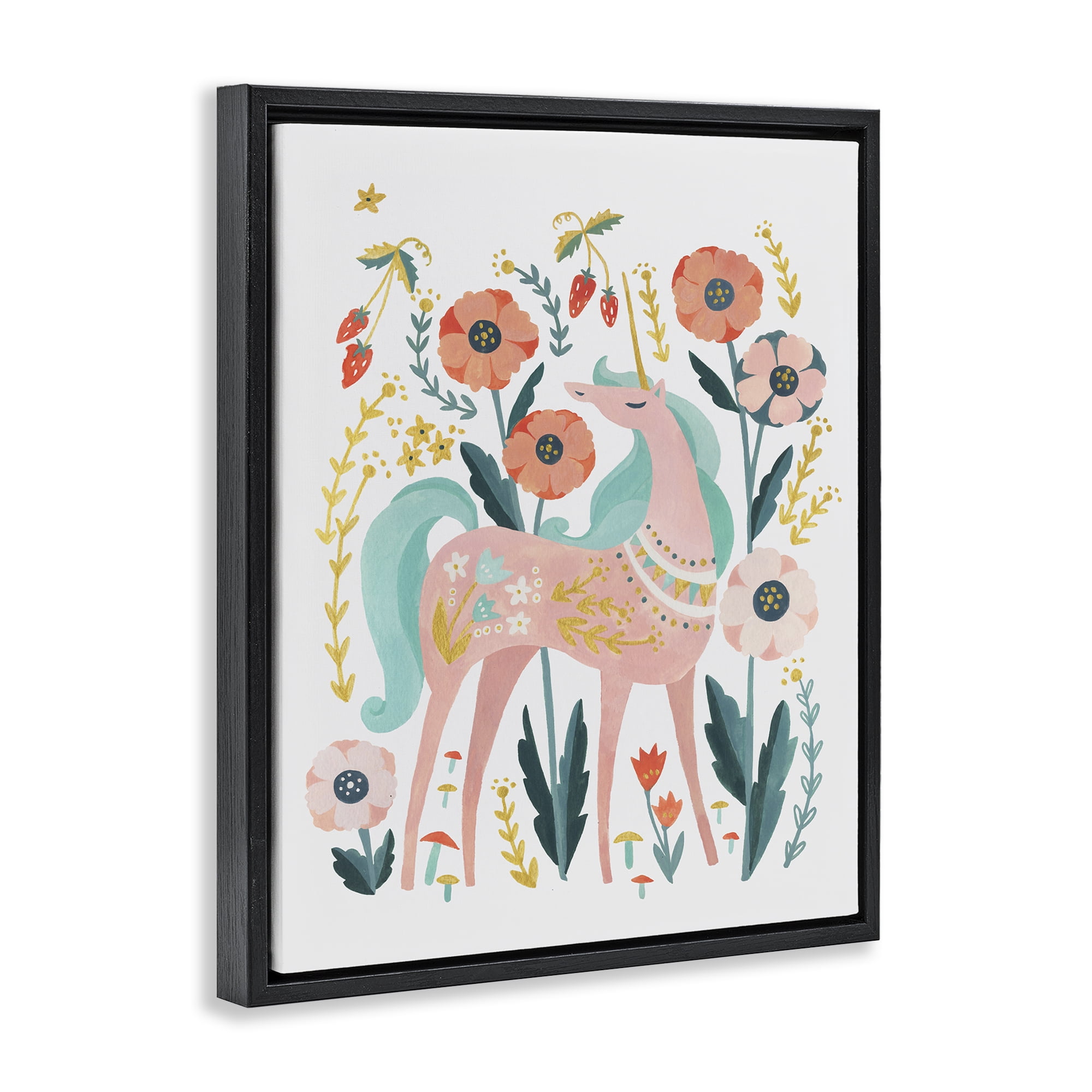 Stupell Industries Pink Unicorn with Florals Fantasy & Sci-Fi Painting Black Floater Framed Canvas Art Print Wall Art, 17 x 21