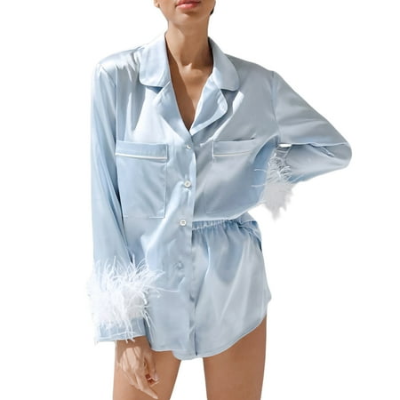 

Owls Yard Women Pajamas Sets Long Sleeve Casual Feather Cuffs Blouse Short Pants Chic Fashion 2022 Loose Clothes Plus Size