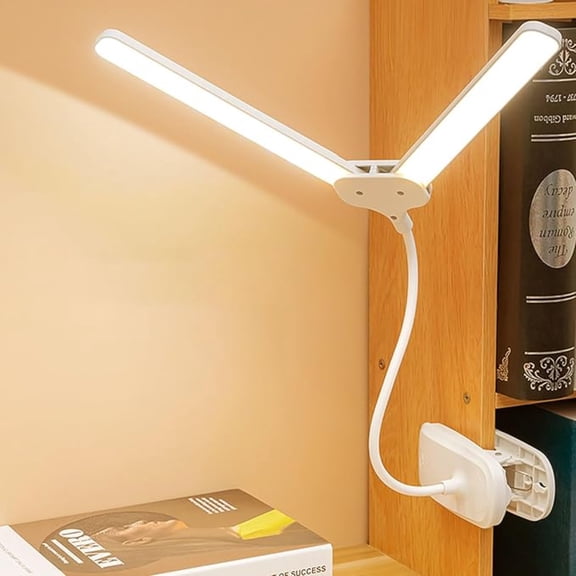 Clip On LED Desk Lamp, Dual Light Head 4000mAh Rechargeable Reading Light, 3 Color Modes Stepless Dimmable Eye Protection Gooseneck Clamp Lamp for Study, Office, Dorm, Bed Headboard