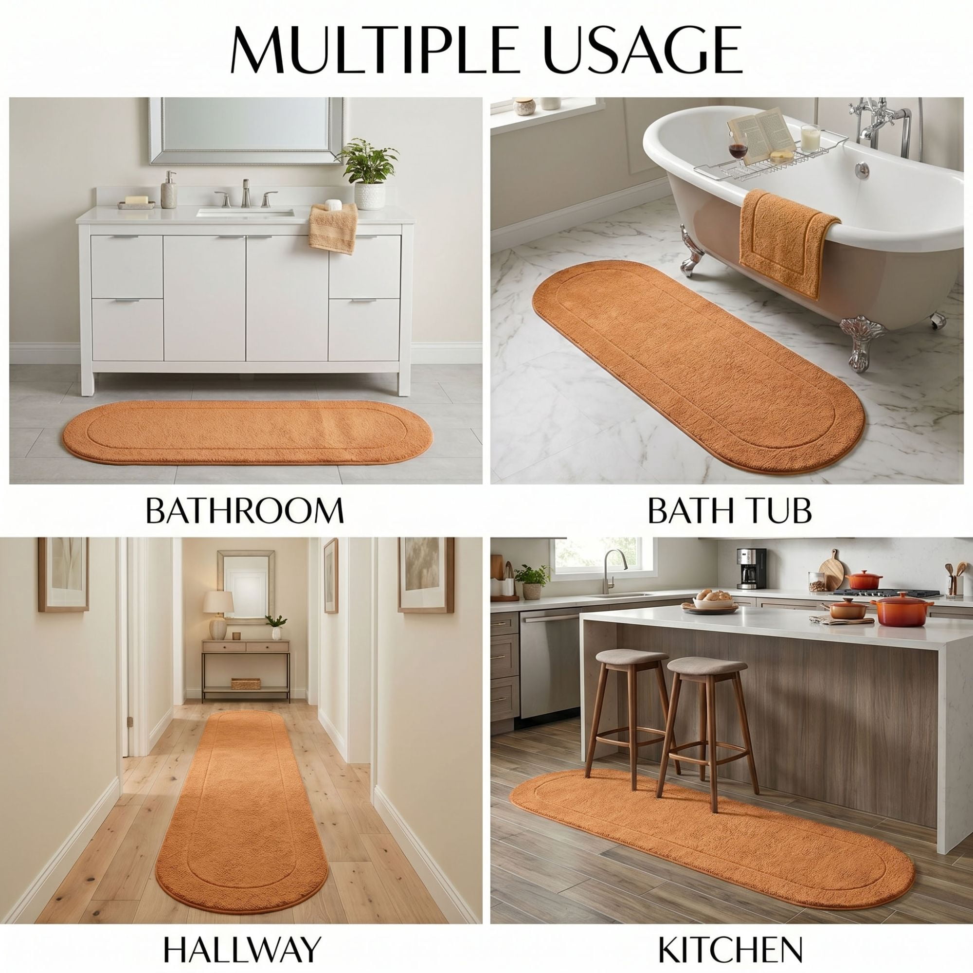 Superior Oval Bordered Cotton Washable Non-Slip Bath Rug, Runner Size, Rust