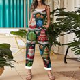 thumbnail image 3 of Women's Christmas Print Suspender Jumpsuit - Casual Loose Retro Cotton Linen One-Piece, Dark Green Size L, 3 of 5