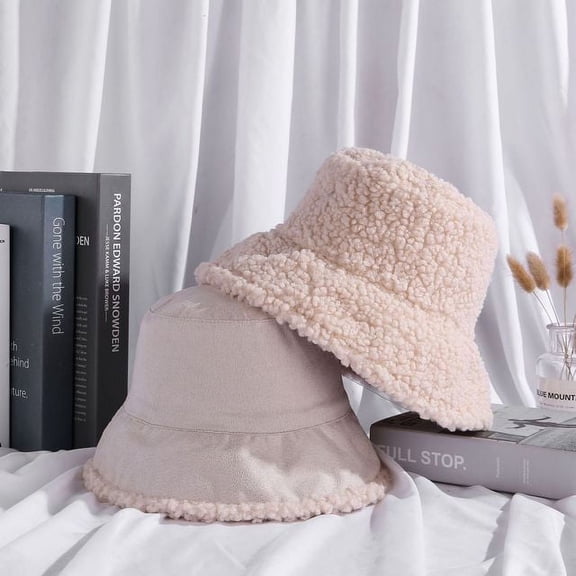 COCOpeaunt Casual Corduroy Reversible Bucket Hat Winter Lamb Wool Hats for Women Men Panama Fishing Cap Flat Top Fisherman Hat