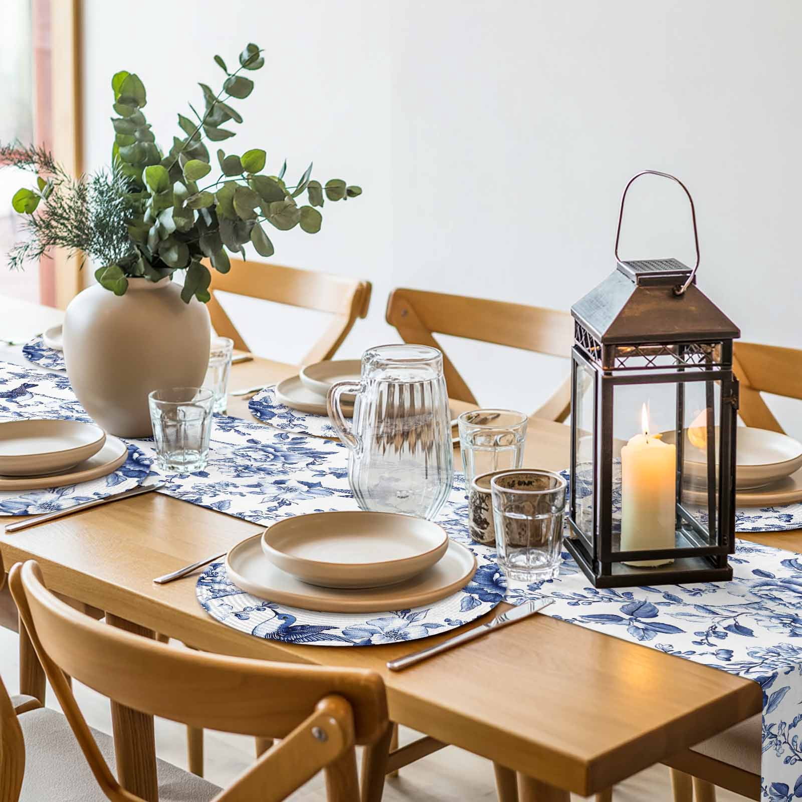 White Blue Spring Floral Round 13 Inch Placemats Set of 4, Summer Botanical Hummingbird HeatResistant Non Slip Place Mats for Dining Table, Wipeable Braided Kitchen Table Mats for Housewarming