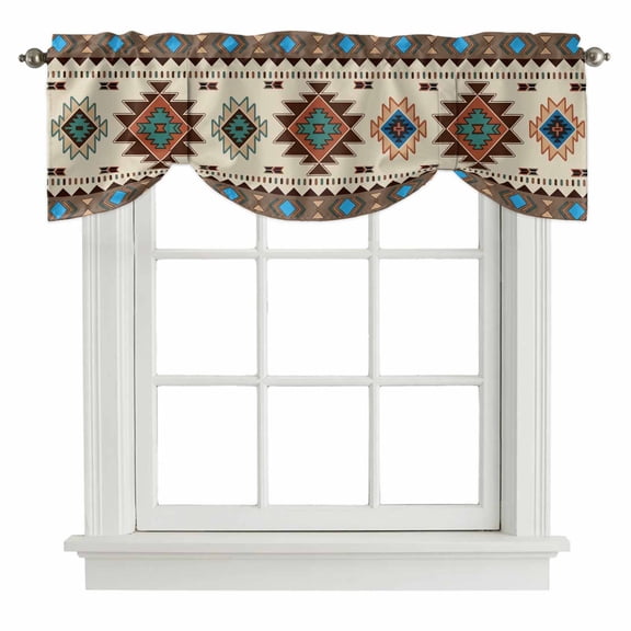 Tie Up Valances for Windows, Boho Southwest Adjustable Valance Curtains Window Treatment for Living Room, Farmhouse Aztec Tribe Brown Blue Plaid Rod Pocket Kitchen Curtains & Drapes 60x18 Inch