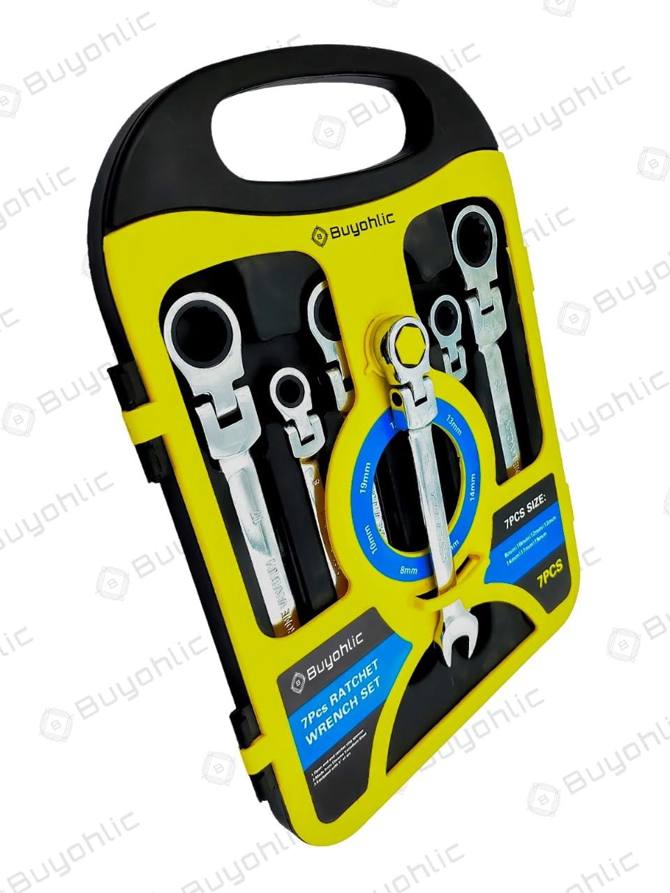 BUYOHLIC 7-Piece Flex-Head Metric Ratcheting Wrench Set Metric 8 to 19mm Standard Spanners CR-V Steel with Organizer Rack