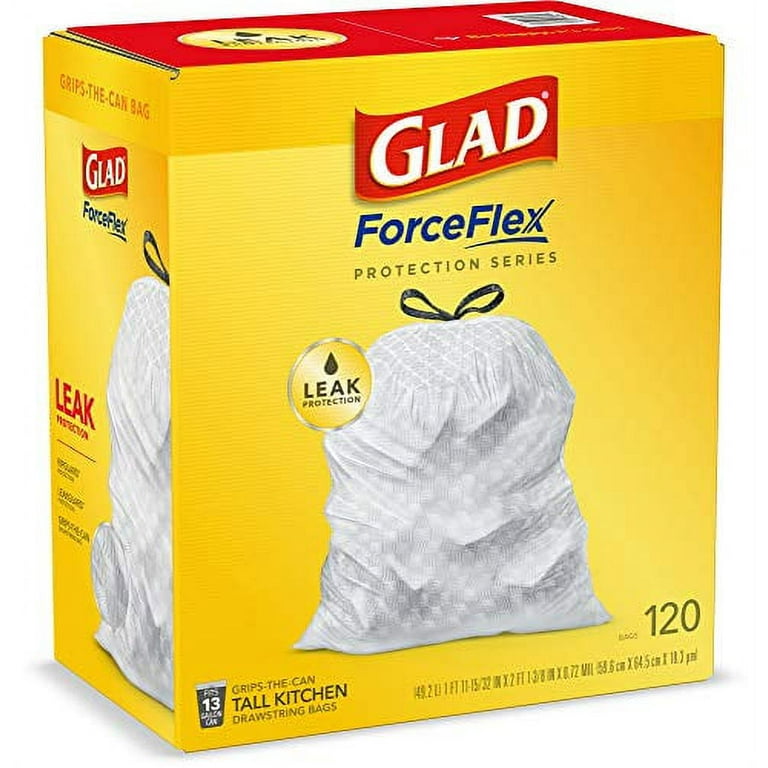 Glad ForceFlex Tall Kitchen Drawstring Trash Bags, 13 Gal, Unscented, 120  Ct (Packaging May Vary)