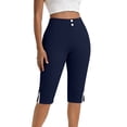 thumbnail image 6 of AHTJRT Yoga Capris for Women Stretchy Elastic High Rise Button Waistband Summer Capris Leggings Side Slit Casual Workout Active Crop Trousers Navy XXL, 6 of 8