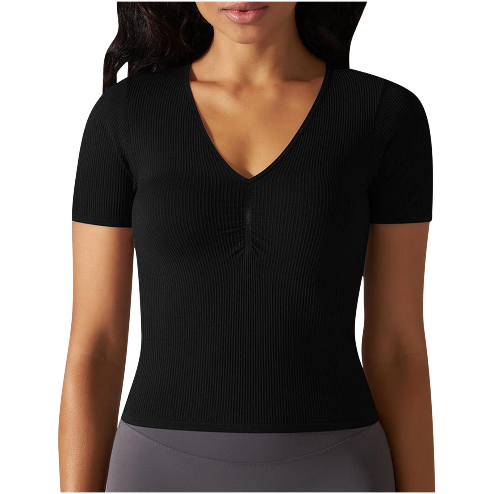 ZQGJB Ribbon Workout Tops for Women Trendy Summer Solid Color Ruched Pleated V Neck Tunic Tees Shirt Casual Elastic Thread Slim Fit Comfy Pullover Blouse Black M