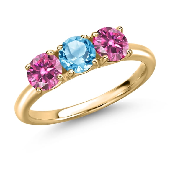 Gem Stone King 10K Yellow Gold Swiss Blue Topaz and Pink Moissanite Engagement Ring for Women | 1.65 Cttw | Round 5MM | Gemstone November Birthstone | Size 7