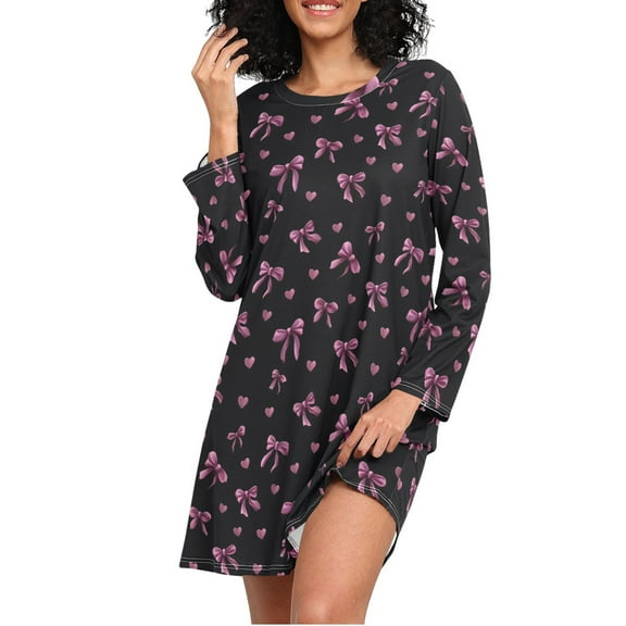 joogoo Pink Purple Bows Women's Long Sleeve Nightgown Sleepwear L