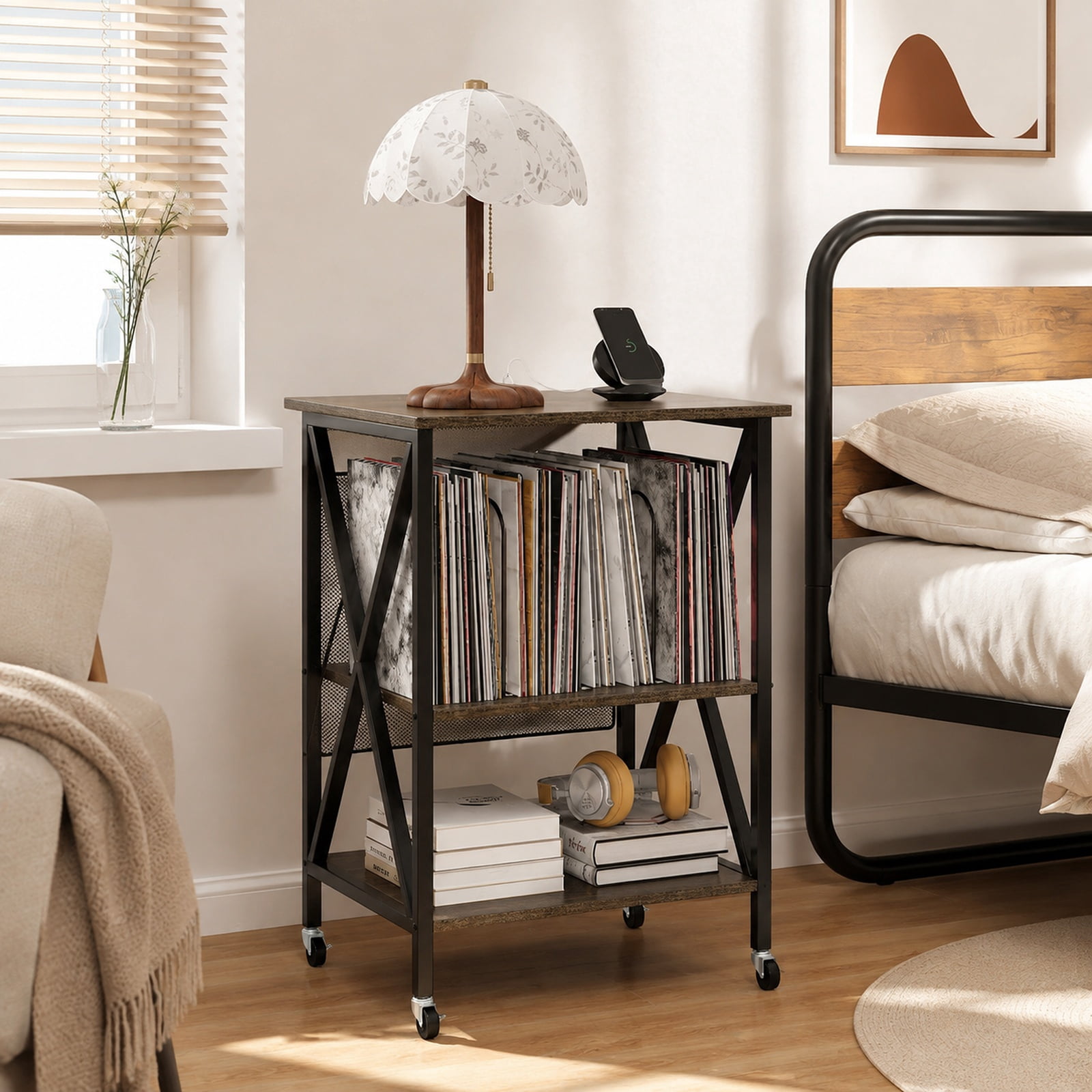 Furnibear Mid Century Record Player Stand with Built in Charging Station AC Outlets USB Ports and Removable Dividers for Living Room, Gray