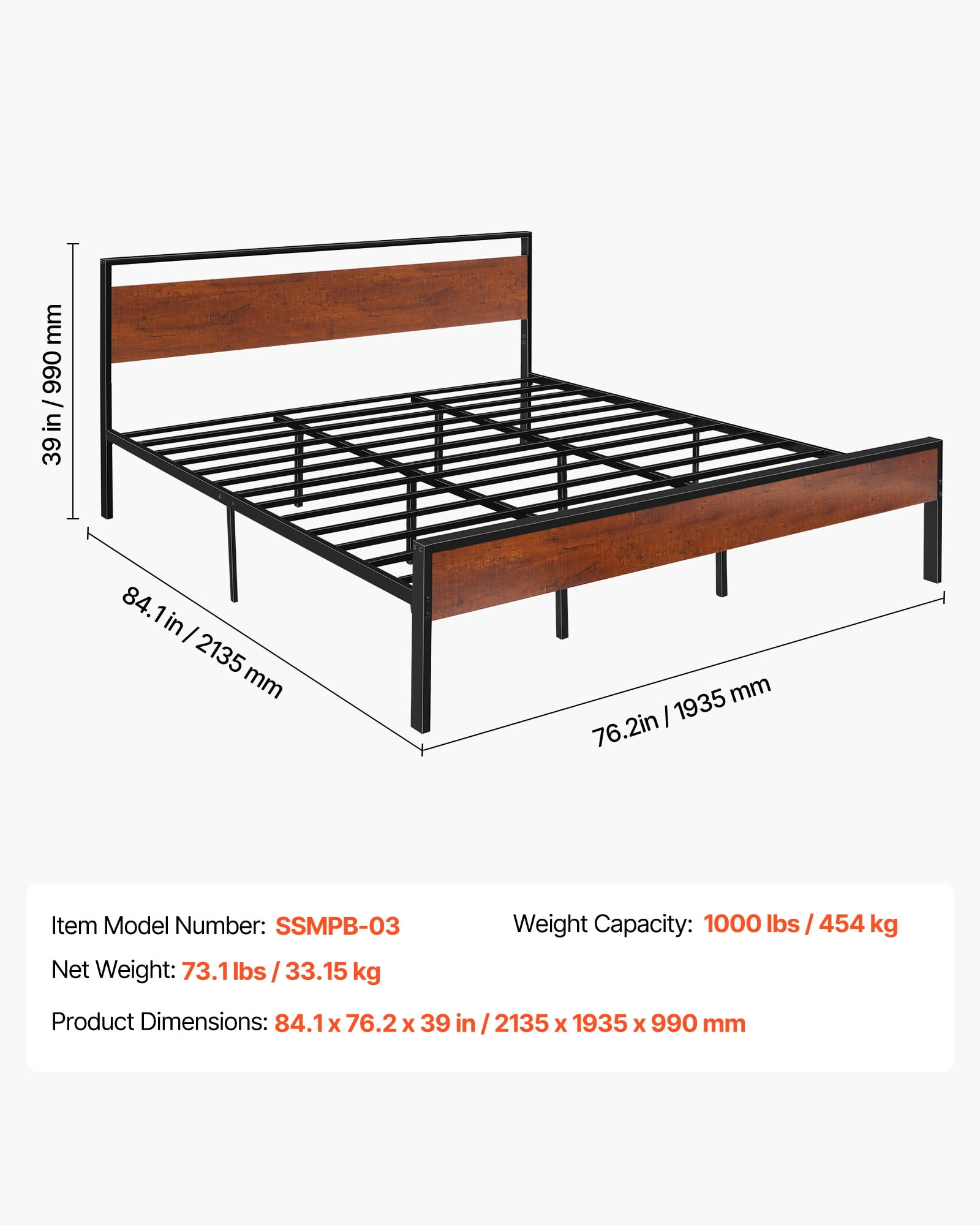 VEVOR King Size Bed Frame, 14 Inch Black Metal Platform Bed Frame with Retro Brown Wooden Headboard and Footboard, Large Under-Bed Storage, Non-Slip Without Noise, No Box Spring Needed, Easy Assembly