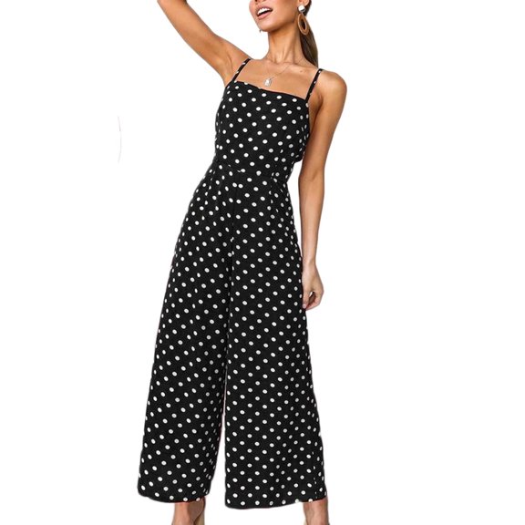 Inevnen Womens Crossed V Neck Jumpsuits Summer Casual Polka Dot Romper Long Pants