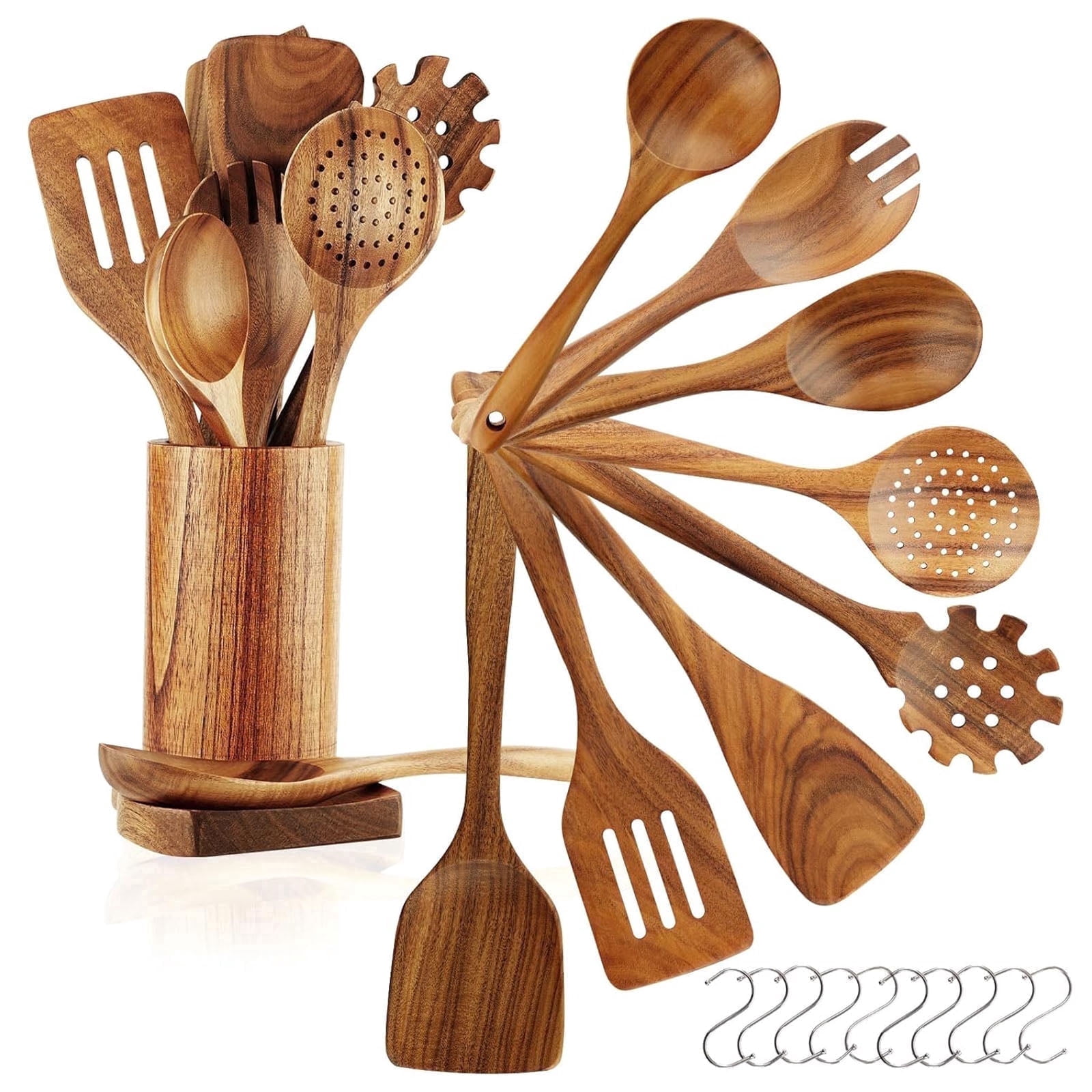 10Pcs Wooden Spoons for Cooking/10 Hooks Included, Smooth Finish Teak Wooden Utensils for Cooking, Soft Comfort-Grip Wood Spoons for Cooking, Non-Stick Wooden Cooking Utensils, Wooden Spoon Sets
