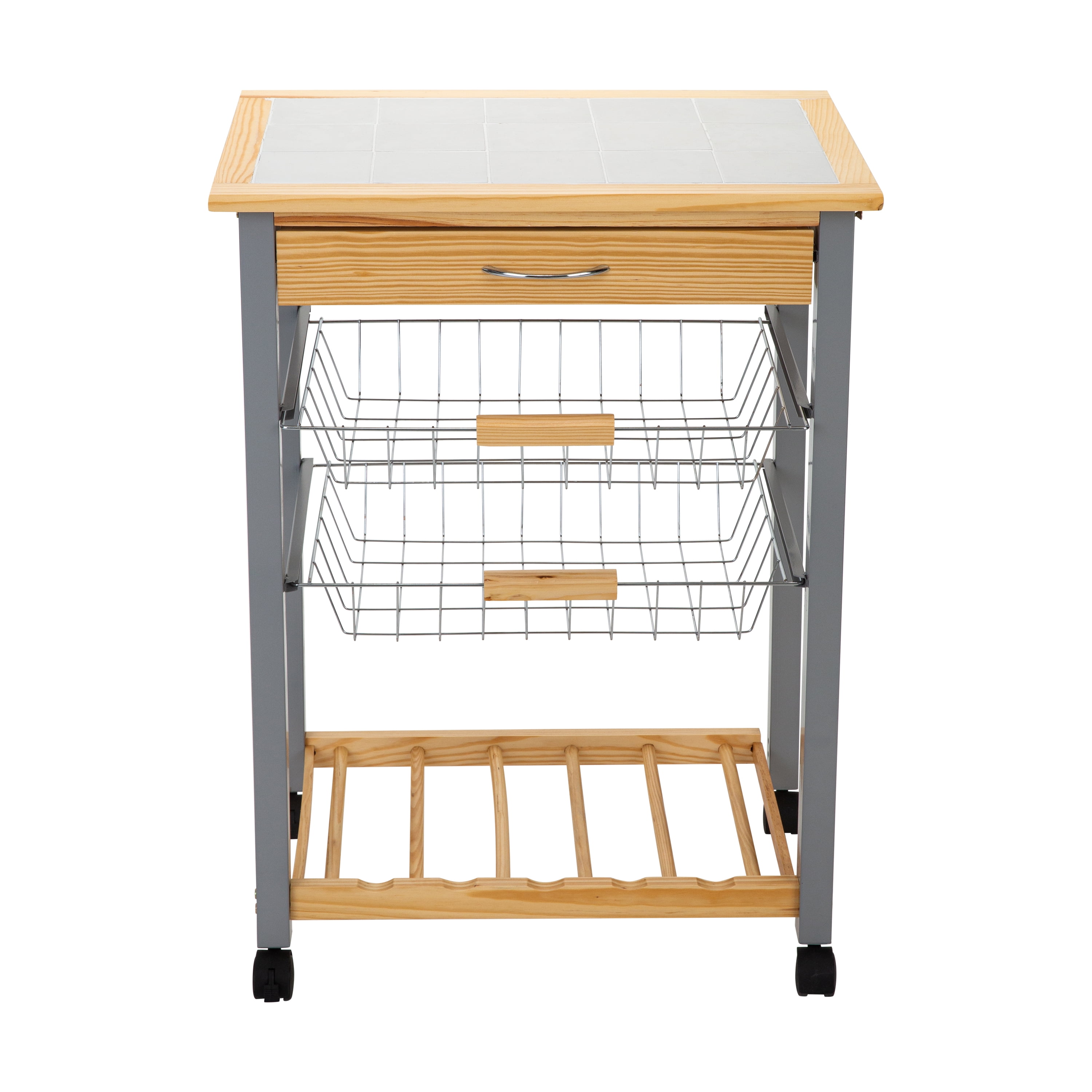 Organize It All Rolling Kitchen Cart with Wine Rack, 22.50" x 14.50" x 30"
