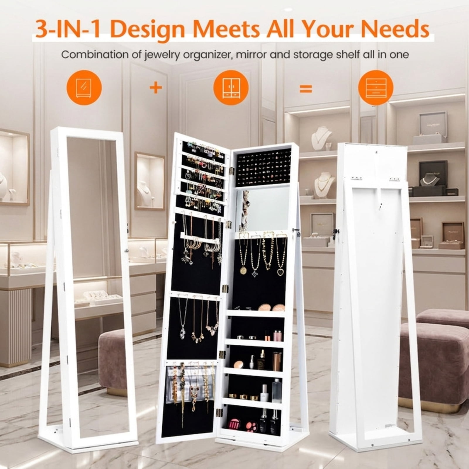 Furnibear Standing Lockable Jewelry Storage Organizer with Full-Length Mirror for Bedroom Dressing Room Jewelry Necklace Rings Storage Mirror, White