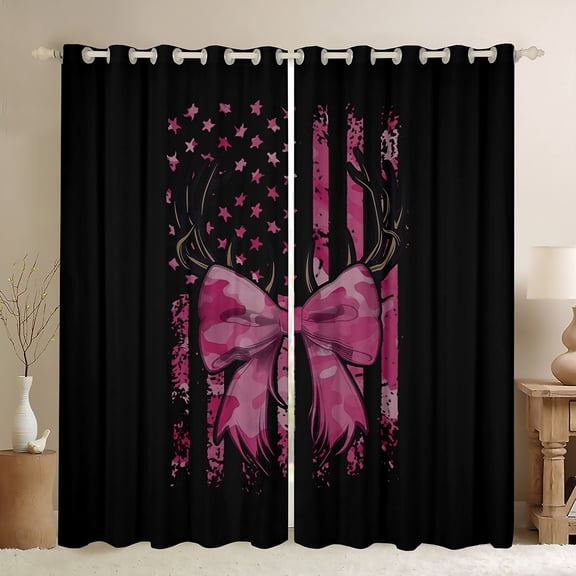 Homewish Retro Pink Bowknot Black Out Curtains for Girl, Western American Flag Curtains Pack of 2 (42x63 Each), Camo Abstract Ombre Bedroom Curtains, Window Curtains Home Decor